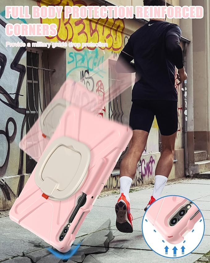 BRAECN Case for Samsung Galaxy Tab S10+/S9 FE+/S9+ 12.4” 2024, Rugged Silicone Cover with Shoulder Strap/S Pen Holder/Screen Protector/Kickstand/Handle Grip for Tab S9+/S8+/S7 FE/S7+, Sakura Pink