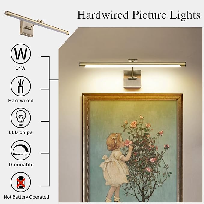 Joosenhouse Modern LED Picture Lights Dimmable 24.4" Inch Antique Bronze Picture Lighting for Paintings Swing Arm with Rotatable Sconces Wall Lamp, 14W (70W Eqv.), Hardwired Connection,Warm White