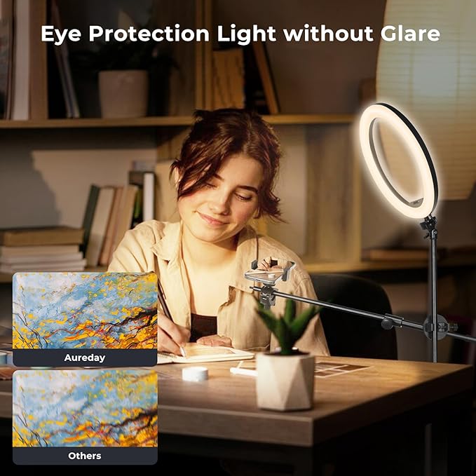 Aureday 12" Overhead Ring Light with Stand, Dimmable Ringlight with Phone & Mic Holder, 62" Adjustable Tripod for Video Recording, Live Streaming, Tiktok, YouTube, Makeup, Cooking