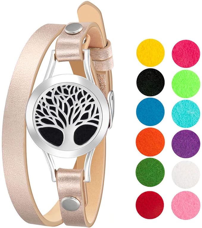 Wild Essentials Tree of Life Essential Oil Bracelet Diffuser, Leather Wrap Band, Stainless Steel Locket Pendant, 12 Color Refill Pads, Customizable Color Changing Perfume Jewelry for Aromatherapy