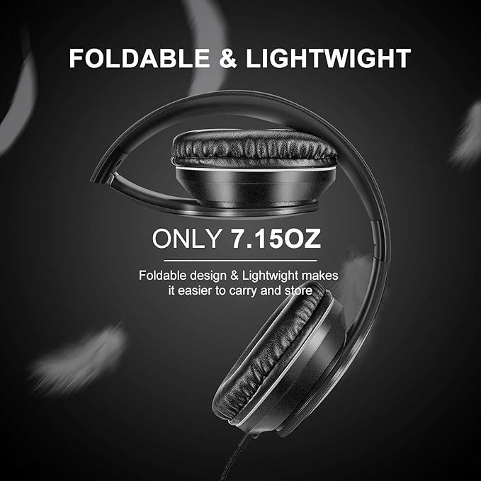LORELEI X6 Over-Ear Wired Stereo Bass Headphones with Microphone, Lightweight, Foldable & Portable with 1.45M No-Tangle for Smartphone, Tablet, MP3/4, Space Black
