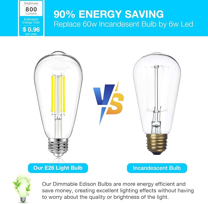 DAYBETTER Vintage LED Edison Bulbs, E26 Led Bulb 60W Equivalent, Dimmable Led Light Bulbs, High Brightness 6W 800 LM Daylight White 5000K, ST58 Antique LED Filament Bulbs, Clear Glass, 6 Pack