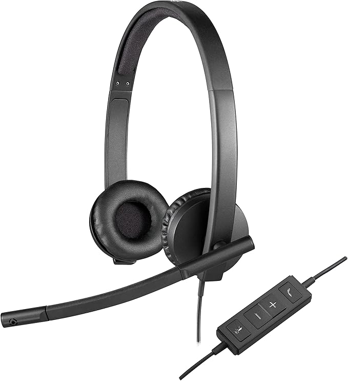 Logitech H570e Wired Headset, Stereo Headphones with Noise-Cancelling Microphone, USB, In-Line Controls with Mute Button, Indicator LED, PC/Mac/Laptop - Black