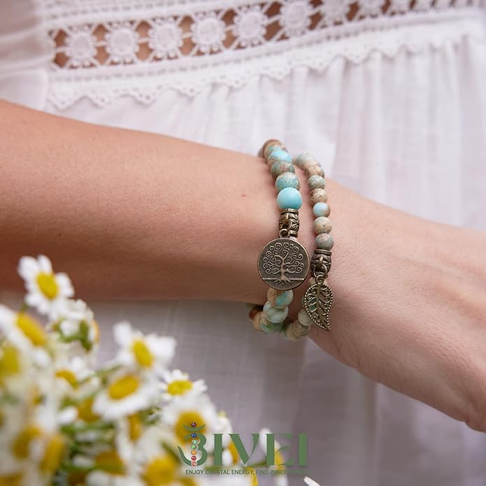 Bivei Natural Semi Precious Gemstone beads bracelet for women - Life Tree and Leaf Charm Energy Reiki Crystal Stretch Bracelets