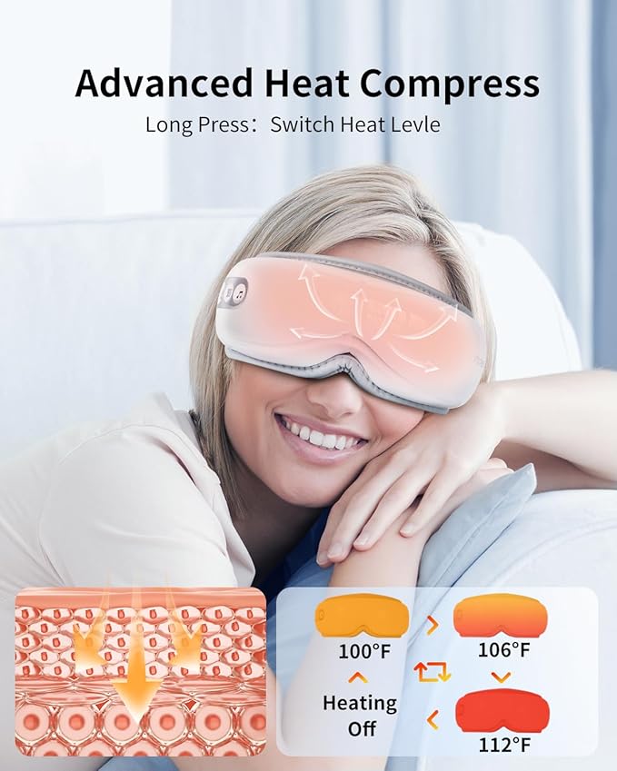 arboleaf Eye Massager with Heat, Heated Eye Massager for Migraines with Compression and Music, Wireless Eye Mask Massager with Heat, 5 Modes Portable Massaging Eye mask for Relieve Eye Strain