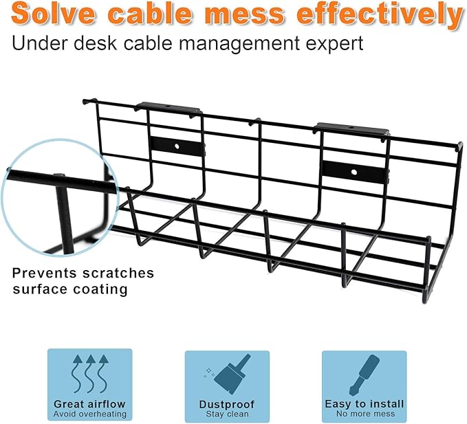 Under Desk Cable Management- 2 Pack Cord Organizer. Metal Wire Cable Management Tray for Office, Studio and Home. Super Sturdy Under Table Cable Management - Black Cable Organizer