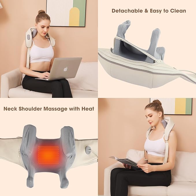 Neck Shoulder Massager with Heat, Cordless Shiatsu Deep Tissue Kneading Massage Pillow for Pain Relief, for Neck, Back, and Leg, Gifts for Men Women Dad Mom