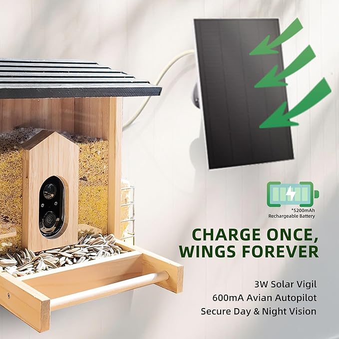 Solution4Patio Wood Solar Powered Bird Feeder with Camera - AI-Powered Bird Identification with Smart Squirrel Alarm, Weatherproof Outdoor Birdfeeder with Suet Baskets for Children & Elderly