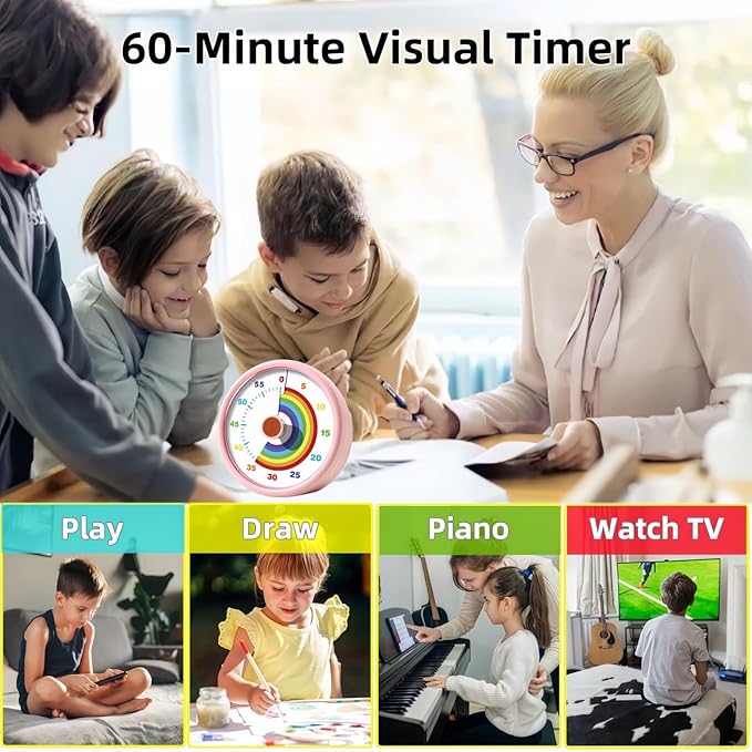 Visual Timer for Kids, 60 Minute Time Timer Kids Timer for Classroom Home Office, Countdown Timer for Cooking Teaching Working Meeting, Pomodoro Timer Kitchen Timer (Pink)