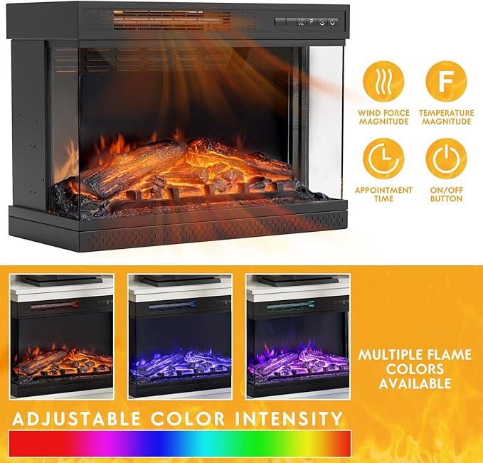 JUMMICO Fireplace TV Stand for TVs up to 65'', 3-Sided Glass Media Entertainment Center Console Table with Cabniet Storage Adjustable Flame LED Color for Living Room (Distressed White)