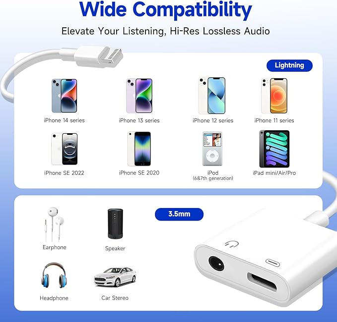 [Apple MFi Certified] 2-in-1 Charging & Audio Adapter for iPhone, Lightning to 3.5mm Headphone Jack Dongle Splitter, Supports Hi-Res Lossless Sound, Compatible with iPhone 14/13/12/11/XS/XR/8/7 1Pack
