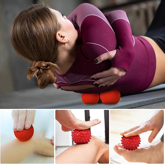 Massage Lacrosse Ball, Spiky Massage Ball, for Deep Tissue, Trigger Point and Myofascial Release, Muscle Knots, and Yoga Therapy (red-red)