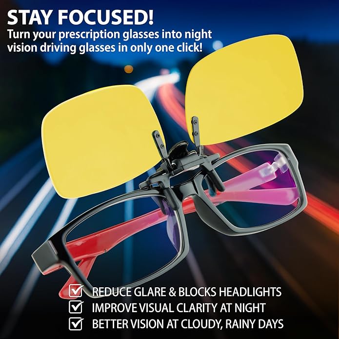 BLUE CUT Clip on Polarized Night vision Glasses Flip up Sunglasses UV-400 to Wear Over prescription Glasses for night driving