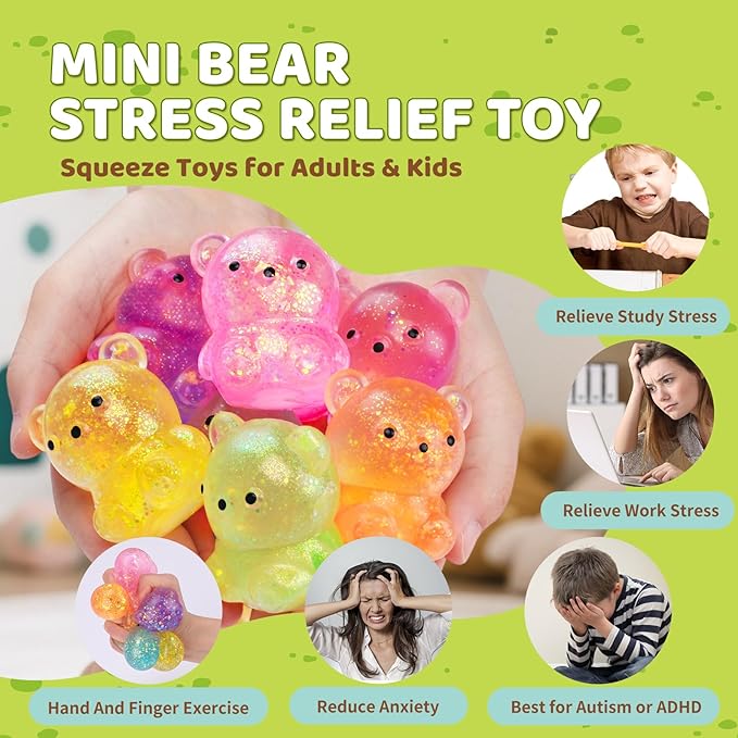 12Pack Fidget Toys Squishy ，Cute Bear Squeeze Ball , Stress Balls for Stress Relief，Pull Stretch Classroom Prize Party Favors Toys for Kids