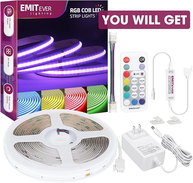 EMITEVER RGB LED Strip Light 16.4ft, Dimmable COB 24V Flexible LED Color Changing Tape Light Kit with Remote, High Density 3150LEDs for TV Backlight, Bedroom, Bar, Party Christmas Decoration