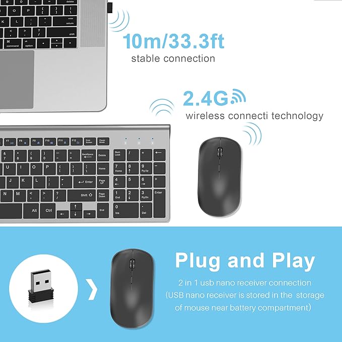 JOYACCESS Wireless Keyboard Mouse Combo, 2.4G Compact and Ultra Slim Wireless Keyboard and Mouse for Windows, Computer, Desktop, PC, Laptop (Grey)