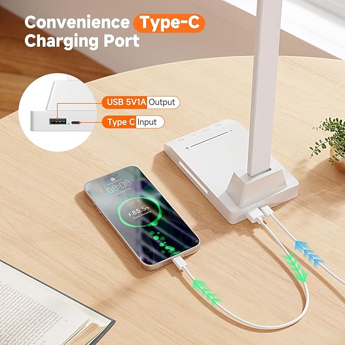 ShineTech LED Desk Lamp for Home Office, Dimmable Desk Light with 25 Lighting Combinations and USB Port, Memory and Timer Folding Reading Light for Study Nightstand, White