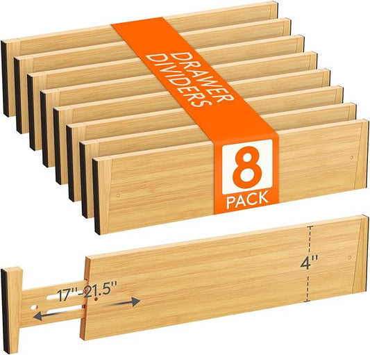Lifewit 8 Pack 4" High Bamboo Drawer Dividers, 17-21.5" Adjustable Drawer Organizers for Clothes, Wood Dresser Drawer Divider, Expandable Deep Drawer Separators for Dresser, Kitchen, Bedroom, Bathroom