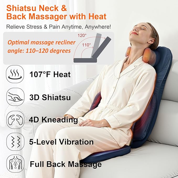 4D Shiatsu Neck Back Massage Cushion w/Heat for Pain Relief - Kneading Back Massager w/Vibration & Dual Necks Head for Relieves Muscle Stiffness from Long Sitting for Office Home Use, Blue