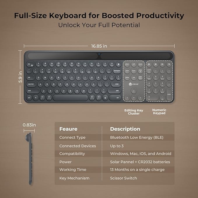 iClever Solar Bluetooth Keyboard, Wireless Keyboard with Solar & Indoor Light Charging, Full Size, 3-Device Connectivity, Silent Scissor Round Keys, Numeric Keypad for Office/Home/Mac/Windows