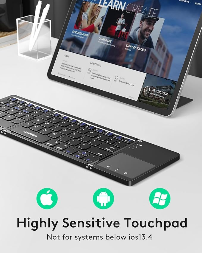 Samsers Foldable Bluetooth Keyboard with Touchpad - Portable Wireless Keyboard with Holder, Rechargeable Full Size Ultra Slim Pocket Folding Keyboards for Android Windows iOS Tablet & Laptop - Black