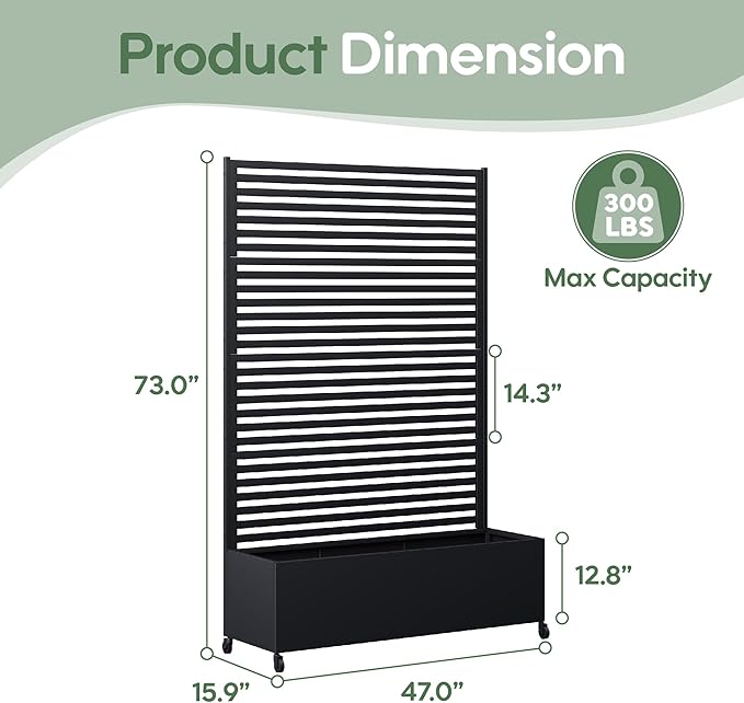 Metal Planter Box with Trellis Privacy Screen, Raised Garden Bed with Trellis & Wheels, Privacy Planters for Patio, Planter Box with Drainage Holes for Climbing Plants, Flower, 73"x 47"x 16", Black