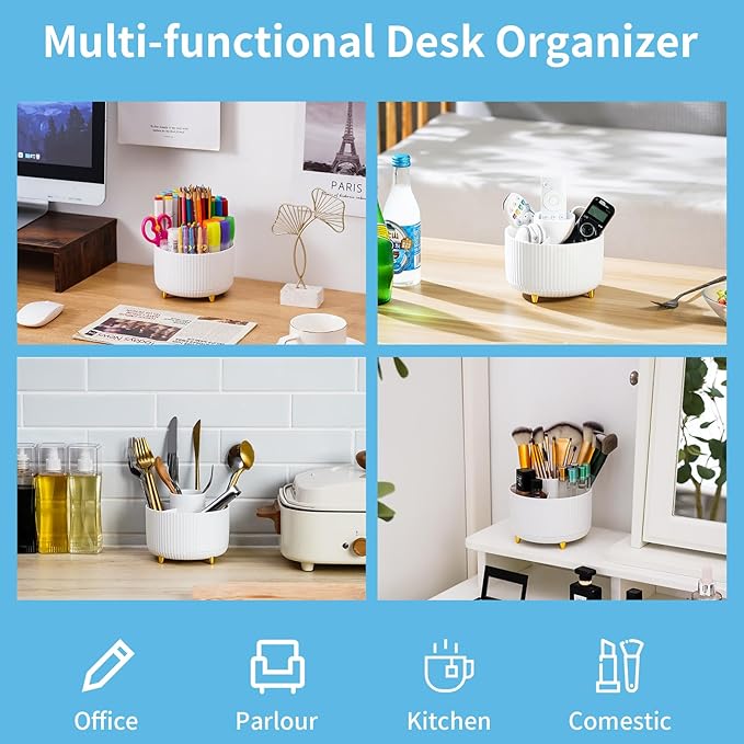 Marbrasse Desk Organizer, 360-Degree Rotating Pen Holder, Desk Organizers and Accessories with 5 Compartments Pencil Holder, Art Supply Storage Box Caddy for Office, Home（White）