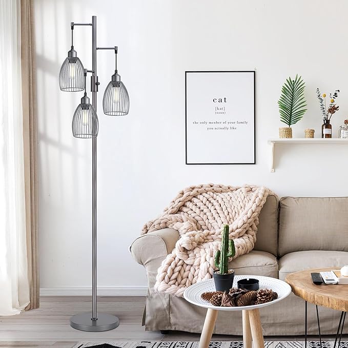 Torondo Dimmable Industrial Floor Lamps for Living Room, Gray Tree Standing Tall Lamps with 3 Elegant Teardrop Cage Head & 800 Lumens LED Bulbs for Bedroom Office