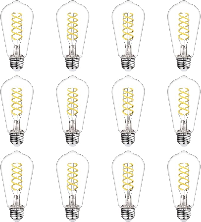 Dimmable LED Edison Bulbs,6W Equivalent to 60W Vintage Light Bulb, E26 5000K ST58/ST19 LED Bulbs, Antique Flexible Spiral LED Filament Light Bulbs, Clear Plastic Screw Lamp - 12Pack