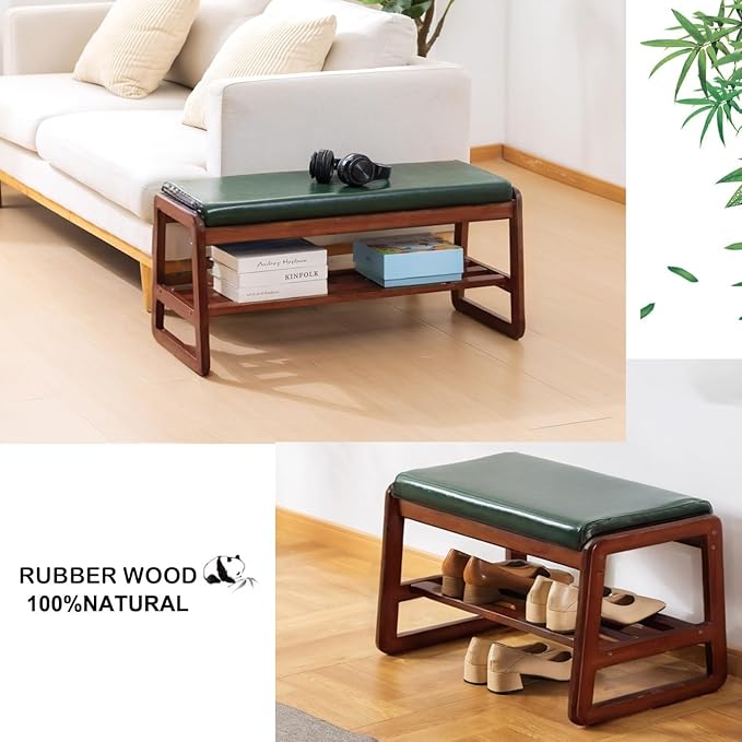 latifolia Solid Wood Bench, Entryway Shoe Bench with Cushion, 2 Tier Shoe Storage Organizer for Hallway, Living Room(Green,21.65''L)