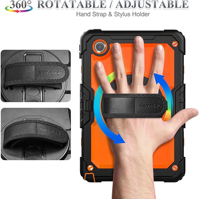 SEYMAC stock Tablet Case for Lenovo Tab M11 (TB330FU/TB330XU)/Idea Tab 11" (TB336F) 11 inch 2024/2025 Drop-Proof Protection Cover with 360° Rotate Strap [Pen Holder] & Screen Protector, Orange+Black