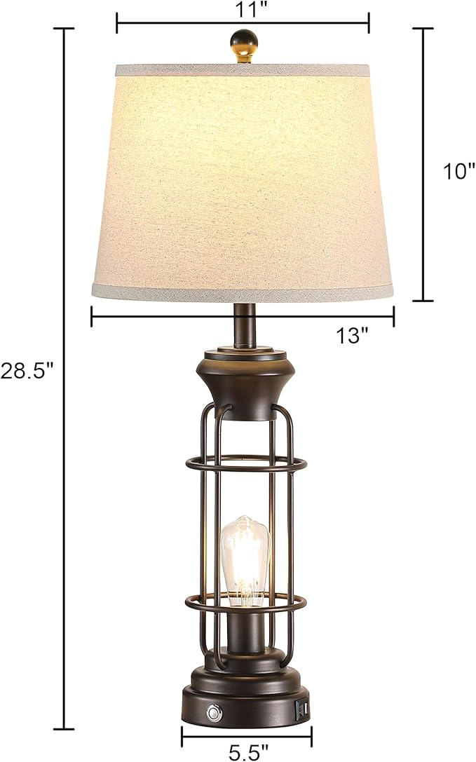 28.5" Farmhouse Lamps for Bedrooms Set of 2, Tall Table Lamps for Living Room with Dual USB Charging Port, Oil Rubbed Bronze Table Lamp with White Oatmeal Shade, Bulbs Included