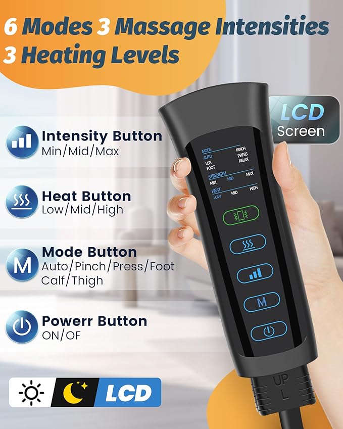 Leg Massager with Heat and Compression, 6 Modes 3 Intensities, Foot & Calf Massager for Muscle Relaxation