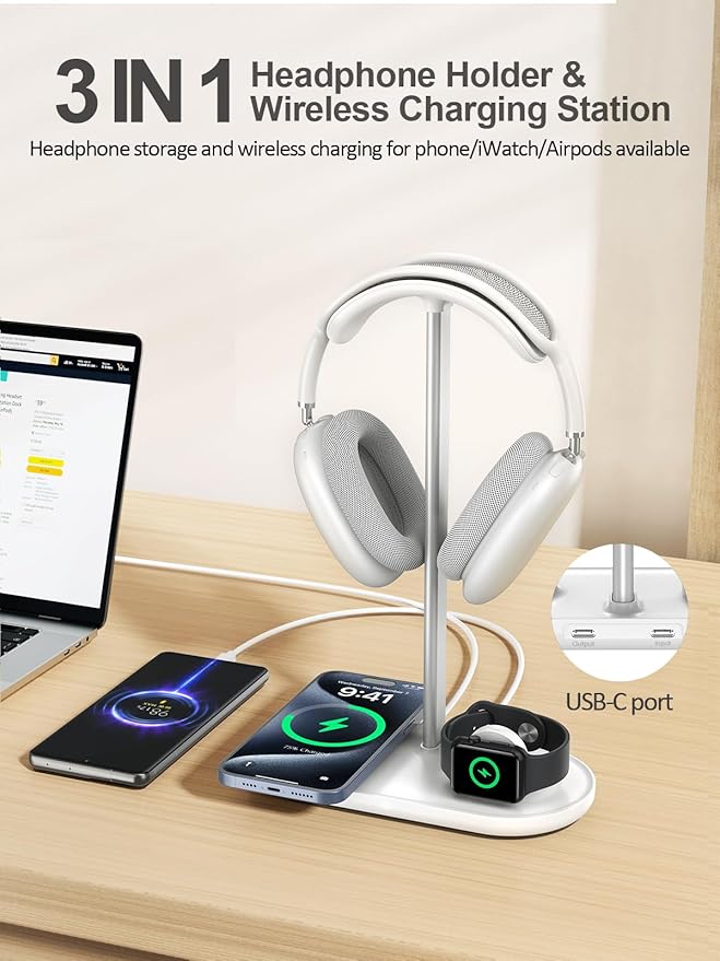 TopMade 5 in 1 Headphone Stand for Desk with Wireless Charger & USB Charging for iPhone/AirPods/iWatch, Universal Desktop Gaming Headset Holder for Airpods Max, Bose, Beats, Razer and More, White