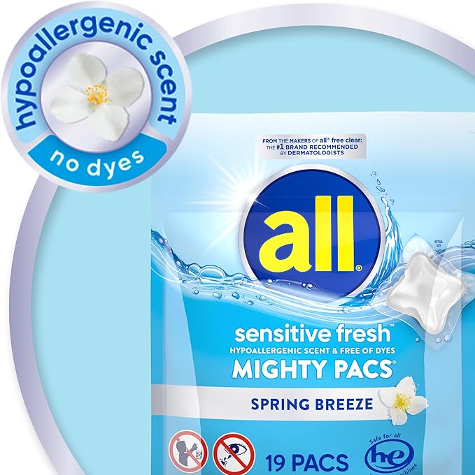 all sensitive fresh, Spring Breeze, MIGHTY PACS Scented Laundry Detergent for Sensitive Skin, Hypoallergenic, 19 Count (Pack of 6)