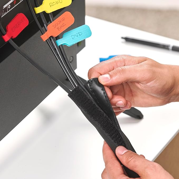 Hook and Loop Cable Sleeve by Wrap-It Storage - 120" x 4.5" Black - Cut to Size Cord Organizer and Cable Protector for Desk, TV Cord Management to Hide and Cover Wire and Extension Cords