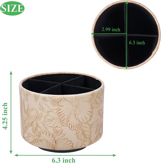 Hennaja Round Leather Art Supply Organizer,Remote Control Holder,360 Degree Spinning,Multi-Functional Pencil Holder,4 Compartments Desktop Stationary Organizer(1-Carved Light Brown)