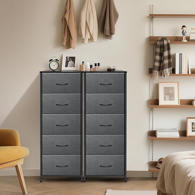 5 Fabric Drawer Dresser for Bedroom, Chest of Drawers with Waterproof Wood Top Tall Dresser for Hallway, Living Room, Kid Room (Grey and Charcoal Black)