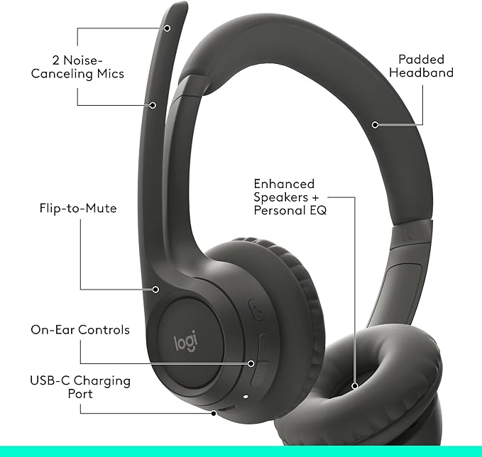 Logitech Zone 301 Wireless Bluetooth Headset with Noise-Canceling Microphone, Compatible with Windows, Mac, Chrome, Linux, iOS, iPadOS, Android – Graphite