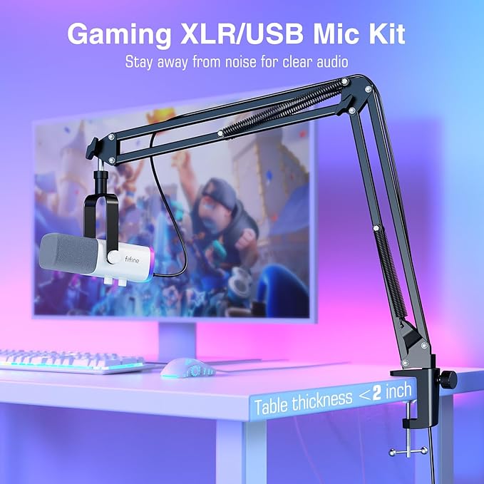 FIFINE Gaming XLR/USB Microphone Kit, Streaming Dynamic Mic Set for PC, Computer Mic for Vocal Podcast Recording Voiceover, with Headphones Jack, Gain Knob, Arm Stand-AmpliGame AM8T White