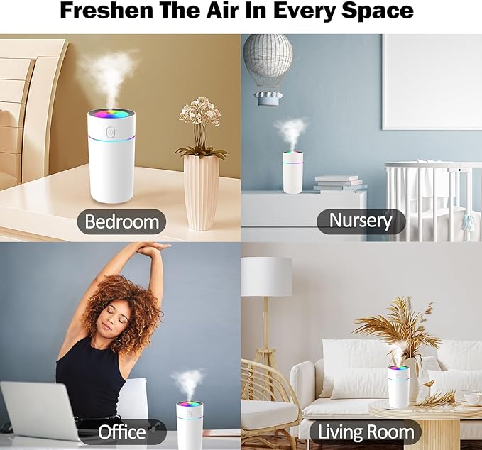 Portable Mini Humidifier with 7-color Lights, Cool Mist Small Desk Humidifiers Car Humidifier [2 Mist Modes] USB Personal Desktop Humidifiers for Bedroom, Office, Travel, Car, Plants, Super Quiet