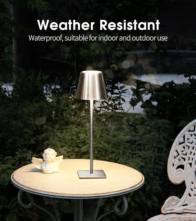 UME Cordless Table Lamp, Battery Operated Lamp - Portable Waterproof Rechargeable Table Lamp w/ 3 Color Temps & Stepless Dimming for Dinner, Desk, Cafe, Outdoor (Brushed Silver)