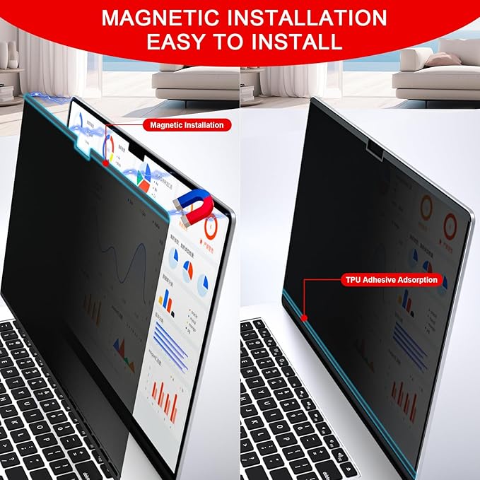 ZOEGAA Magnetic Privacy Screen for Macbook Air 13.6 & 13 Inch (2022-2025, M2, M3, M4, Pro, Max), Removable Laptop Screen Privacy Shield, Anti Blue Light Glare Filter for Mac Air 13.6" Laptop Computer