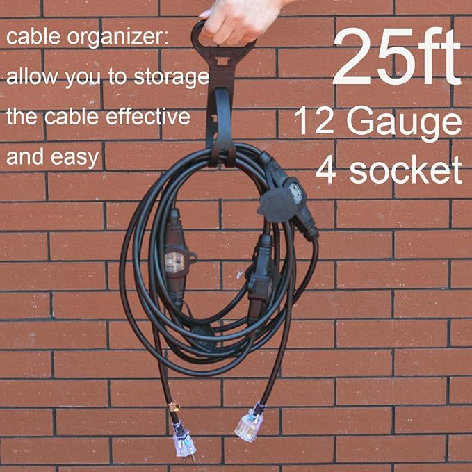 25FT 12 Gauge Outdoor Power Extension Cord,Four Outlet Cable.Multiple Evenly-Spaced Plug Ideal for Landscaping Light,Stage Backline,Holiday decoratio,Cord Splitter ETL Listed…