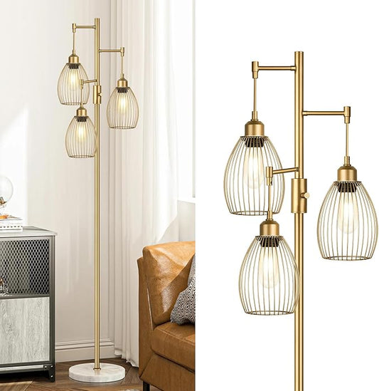 Dimmable Floor Lamps for Living Room, Industrial Standing Lamp with Marble Base, Gold Tree Tall Pole Light with 3 Elegant Teardrop Cage Head & 800 Lumens LED Bulbs for Bedroom Office