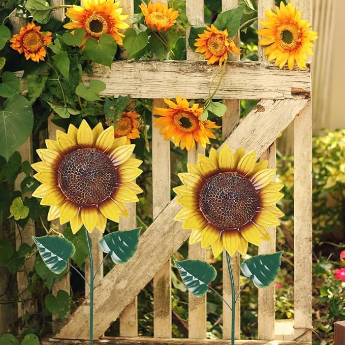 hogardeck Garden Decor for Outside, 2 Pack Sunflower Decorative Garden Stakes for Spring Outdoor Yard Decor, Metal Yard Art with Shaking Head for Garden Lawn Porch Decorations