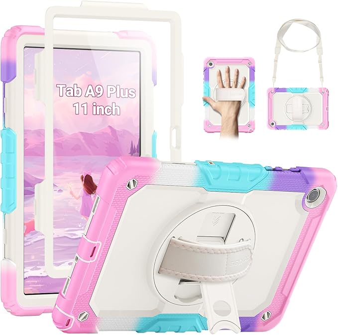 SEYMAC Case for Samsung Galaxy Tab A9+/ A9 Plus 11" (SM-X210/X216/X218), Heavy Duty Shockproof Protective Case with Screen Protector, Rotating Stand, Hand/Shoulder Strap, Pink