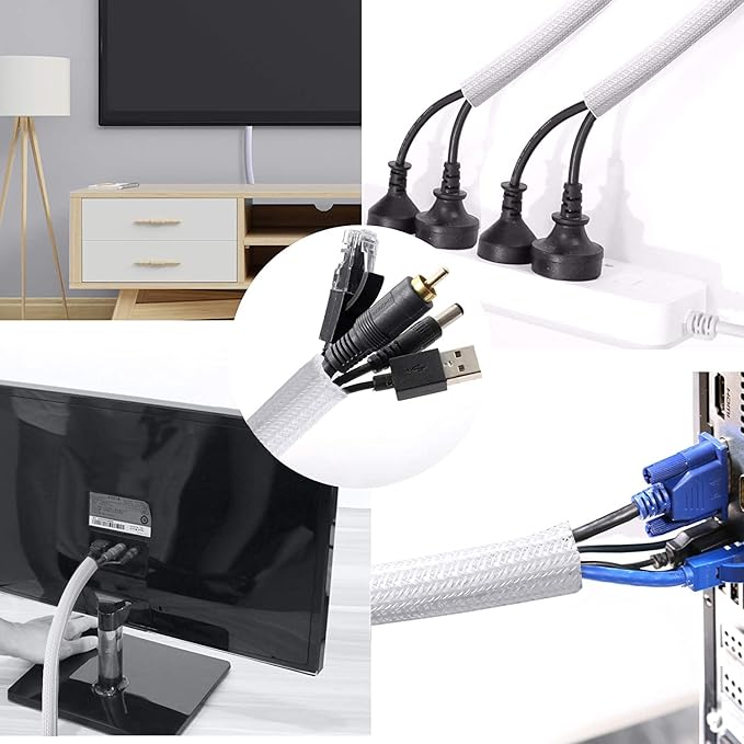 CrocSee 25ft - 3/8 inch Braided Cable Management Sleeve Cord Protector - Self-Wrapping Split Wire Loom for TV/Computer/Home Theater/Engine Bay - White