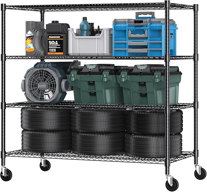 Himimi 4 Tier Wire Shelving with Wheels Heavy Duty Height Adjustable Metal Shelves for Storage, Commercial Grade Steel Utility Wire Rack for Kitchen Garage Pantry Organization-24×48×72, Black