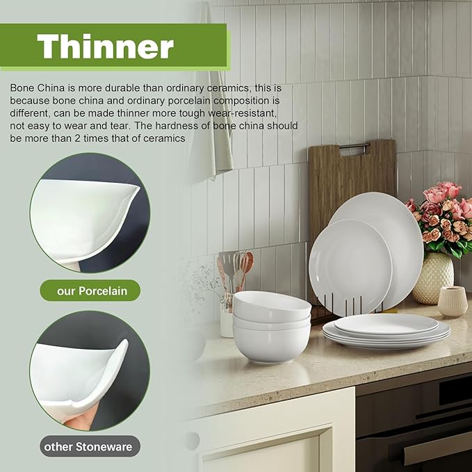 Yoshy 12-Piece White Bone China Dinnerware with Lightweight Durable Chip Resistant Design Service for 4